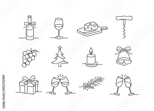 "Christmas Wine and Cheese Party". Minimalistic set one-line drawing wine bottle with ribbon, wine glass, cheese wedge, cheese board, corkscrew opener, grapes