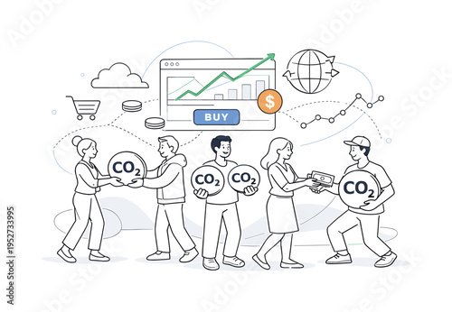 Carbon exchange system. People exchanging tokens labeled CO?, digital marketplace elements and price lines hovering softly. Modern, transparent scene about