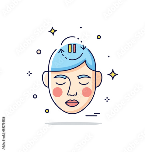 Mindfulness interrupt moment calm face with a small pause symbol inside a fading circular arrow, highlighting awareness and the practice of stopping automatic