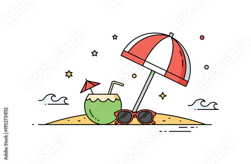 Tropical beach umbrella with coconut drink and sunglasses placed neatly on the sand, expressing carefree holiday vibes and coastal leisure. Small wave shapes