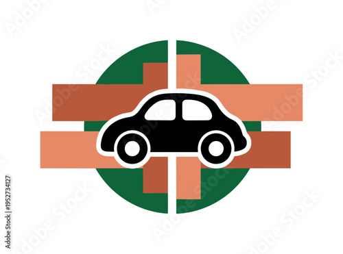 black and white wooden toy car silhouette, bold forest green circular backdrop intersected by warm terracotta geometric blocks, flat abstract shapes arranged