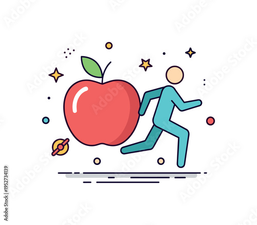 Healthy lifestyle promotion apple and running figure combined into a compact badge, symbolizing nutrition, exercise and preventive health strategies.