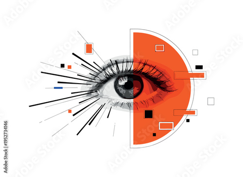 Black and white human eye in sharp focus with the surrounding area heavily blurred, large orange semi-circle overlapping the eye, abstract black