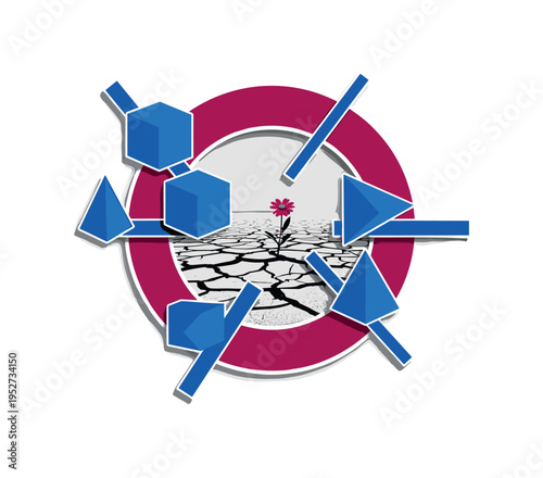 Black and white cracked ground with a small flower blooming through, oversized deep pink circular ring enclosing the scene, vivid blue geometric blocks