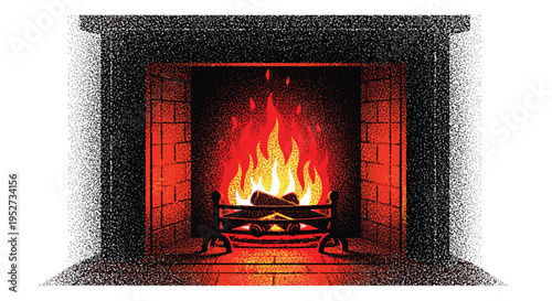 A warm, crackling fire burns brightly with logs on a black grate inside a textured brick fireplace on a white background.