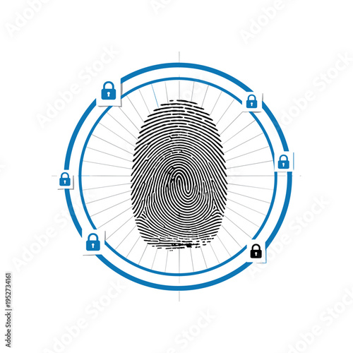 Black and white fingerprint enlarged at the center, layered with a large blue circular frame and thin structured grid lines representing forensic analysis,