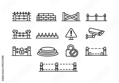 Perimeter protection. Line icon set of perimeter protection: spiked perimeter fence, security wall, intrusion barrier, boundary line, reinforced posts,