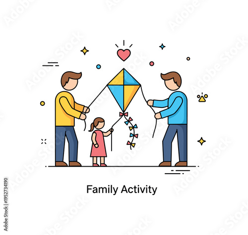 Family kite making workshops parent child bonding illustration with two simplified figures tying string to a kite frame, small heart accent above symbolizing