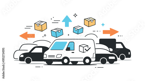 Traffic and delivery delays. A delivery van stuck among abstract traffic shapes while parcels and arrows float around. Visual metaphor of congestion impacting