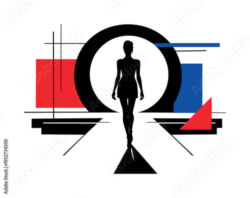 black and white female silhouette walking like on a fashion runway, abstract circular spotlight behind, geometric rectangles and thin lines forming a stylized