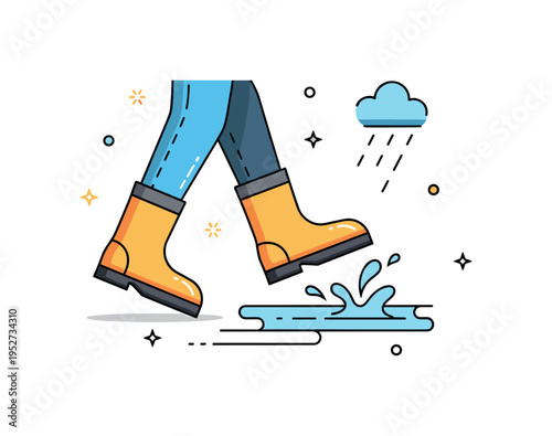 Walking in the rain concept illustrated through a pair of boots stepping into a small puddle with gentle splash lines, symbolizing everyday life during rainy