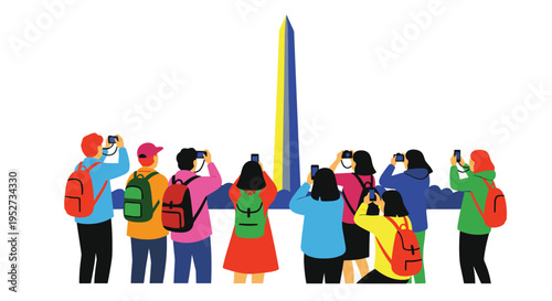 A diverse group of nine cartoon tourists, wearing colorful backpacks, stands with their backs to the viewer, photographing a tall yellow and blue obelisk against a white background.