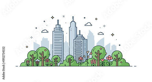 City skyline with blooming foreground trees concept shown through minimal high rise silhouettes behind vibrant green foliage and flowers, expressing the