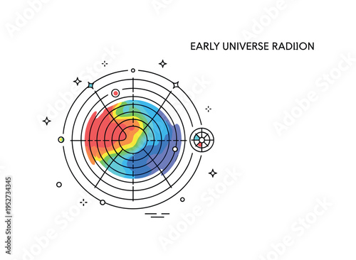 Early universe radiation map concept featuring a circular heatmap style gradient pattern representing faint temperature fluctuations across space. Clean