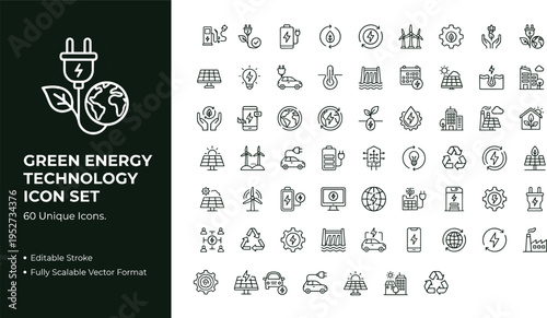 Green energy technology line icon set with renewable electricity solar wind power and sustainable environment symbols
