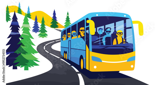 A bright blue tour bus with yellow accents drives along a winding dark grey road through a snow-covered mountainous landscape with evergreen trees and yellow hills under a clear blue sky.