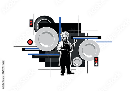 A monochrome chef silhouette framed by oversized geometric circles and rectangles representing plates and kitchen stations, thin linear elements forming a