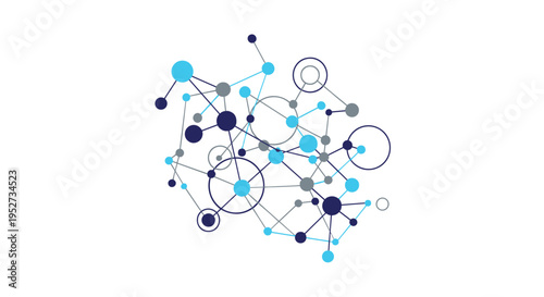 An intricate abstract network displays numerous interconnected dots and circles in shades of light blue, dark blue, and grey, linked by thin lines against a pristine white background.
