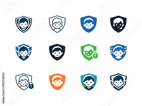 Cybersecurity awareness for children and young adults. Icon set. Set Logo of Cybersecurity awareness for children and young adults: child avatar protected by