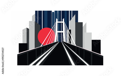 Black and white pedestrian bridge with embedded LED pathway lines, bold red sun-like disc partially hidden behind the structure, deep navy vertical lines
