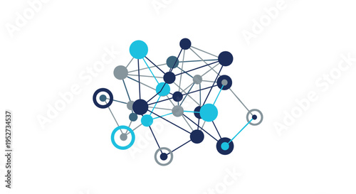 A distinct abstract network showcases interconnected solid dots and outlined circles in deep blue, light blue, and grey, forming a denser cluster on a clean white background.