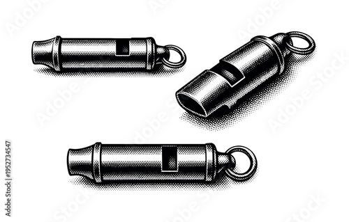 Railway whistle equipment showing a classic metal railway conductor whistle with small chain ring presented in three views: side, angled, and top perspective.