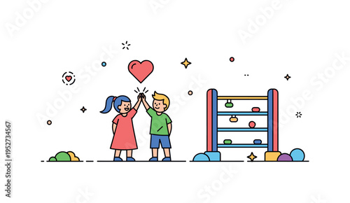 Playground friendship two children high fiving near a small climbing frame, subtle heart icon above symbolizing connection and trust. A heartwarming editorial