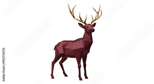 A striking low-poly deer with a dark red, maroon-toned body composed of numerous geometric facets stands prominently with intricate golden antlers against a pristine white background.