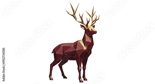 A low-poly deer with a deep maroon, geometrically faceted body stands statically, showcasing highly reflective golden antlers with a distinct sheen against an unblemished white background.