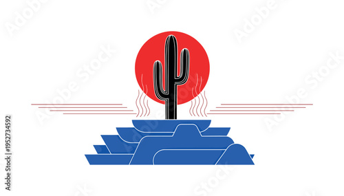 Black and white cactus standing alone, intense red sun circle behind, cobalt blue geometric base suggesting minimal land, thin linear heat waves rising upward,