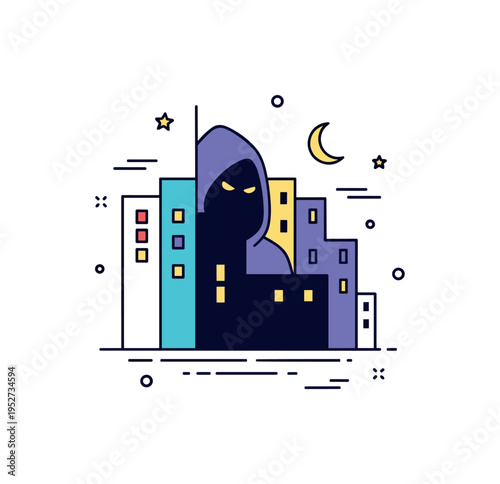 Silent stalkers urban alley silhouette featuring a mysterious hooded figure shape partially obscured by building outlines and a small crescent moon, evoking