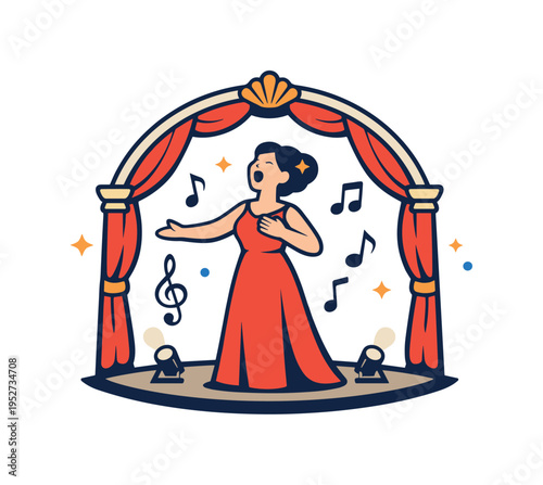 Opera diva on grand stage capturing a classical singer in an elegant gown under a theater arch with subtle musical notes floating around, representing powerful