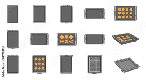 Collection of Baking Pans and Trays in Various Shapes and Orientations.