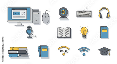 Digital Learning Icons: Computer Books Webcam and Graduation Cap Representing Online Education.