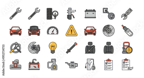 Collection of Automotive Repair and Maintenance Tools and Icons.