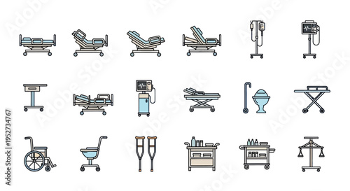 Medical equipment icons set: hospital beds wheelchairs stretchers crutches and various healthcare devices.
