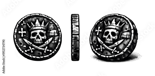 Sunken treasure gold coin A realistic sunken treasure gold coin represented as one object in three views: front face view, edge thickness view, and angled