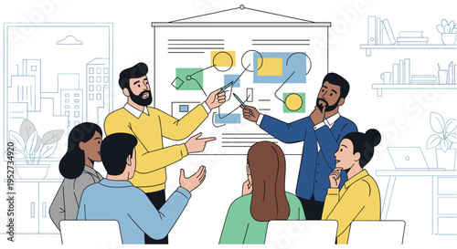 Diverse team discussing business strategy in modern office with flat design for corporate presentation