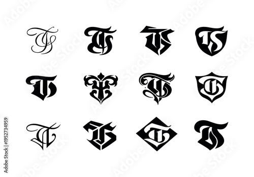 Calligraphy for tattoos. Icon set. Set Logo of calligraphy for tattoos: ornamental letter. harmonious logo variations of the same emblematic concept, each with