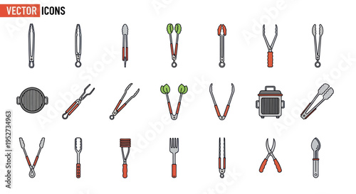 Collection of Assorted Kitchen Tongs and Utensils for Cooking and Serving.