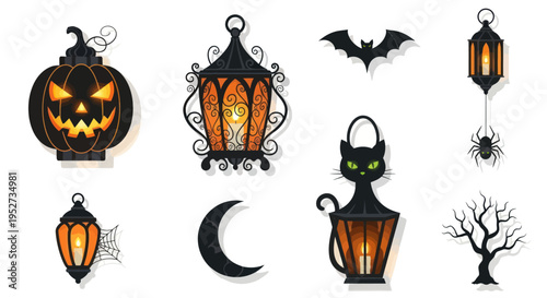 Assortment of Halloween Lanterns and Decorations with Spooky Designs.