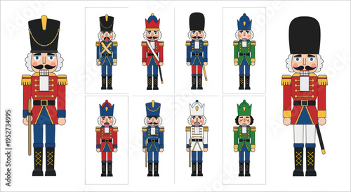 A colorful collection of traditional Christmas nutcracker soldier toy figures in decorative uniforms.