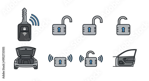 Car Key Remote and Lock Icons Set for Vehicle Security.
