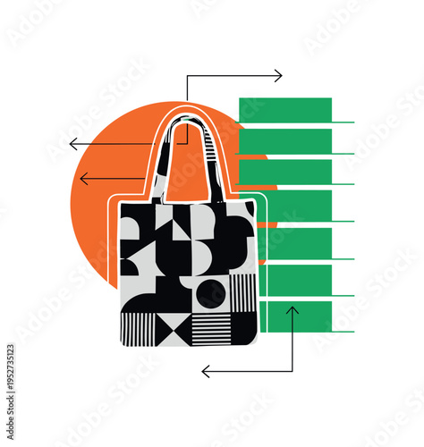Black and white reusable tote bag with eco symbol printed on it, oversized orange triangle beneath forming stable foundation, thin grid lines referencing