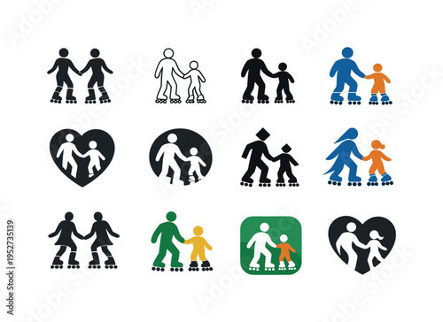 family roller skating day. Icon set. Set Logo of family roller skating day: child and parent holding hands on skates. harmonious logo variations of the same