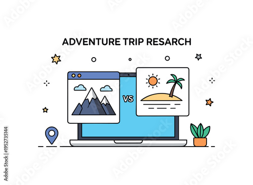 Adventure trip research concept showing a laptop with mountain and beach icons on screen, symbolizing destination comparison and informed decisions. The
