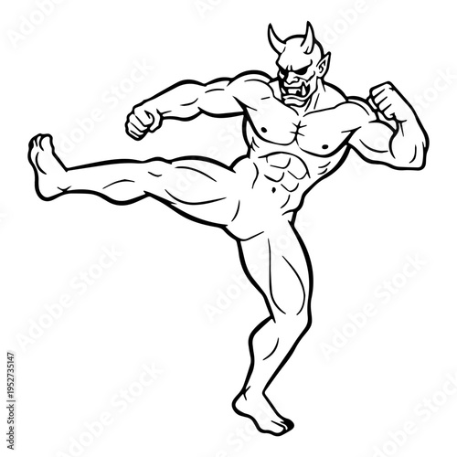 Terrifying Oni Line Art – Oni Vector Illustration with Defined Sharp Horns – Oni Drawing – Line Art Drawing of Oni – Oni Icon