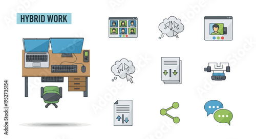 Illustrated Hybrid Work Desk with Dual Monitors and Chair.