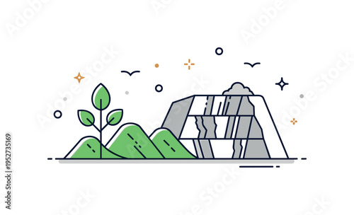 Environmental rehabilitation after mining shown as a restored landscape where a minimal quarry outline transitions into green hills and a young tree,