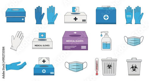 Medical and hygiene supplies collection featuring PPE masks gloves sanitizer first aid kit and biohazard bins.